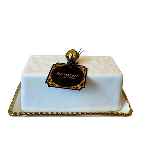 Baroque Covered Butter Dish 7in White Ceramic w/ Gold Beaded Trim Glam NEW - Picture 6 of 15